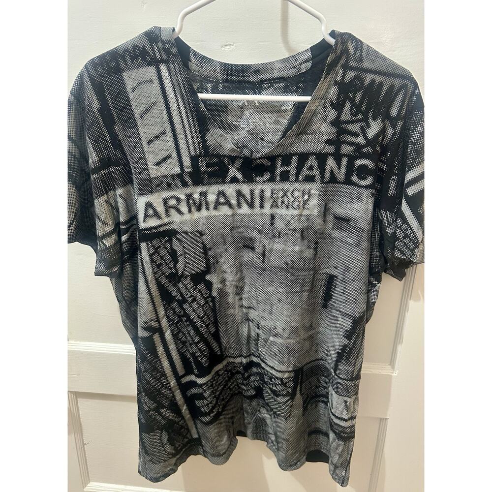 Armani Exchange Shirt Mens Large L Gray Black V Neck All Over Graphic Tee